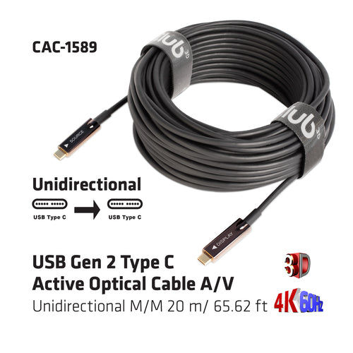 CLUB3D USB Gen 2 Type C Active Optical Cable A/V Unidirectional M/M 20 m/ 65.62 ft