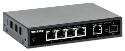 Intellinet 5-Port Gigabit Ethernet PoE+ Switch with SFP Port, Four PSE PoE Ports, IEEE 802.3at/af (PoE+/PoE) Compliant, PoE Power Budget of 91 W, Desktop Format, Wall-mount Option