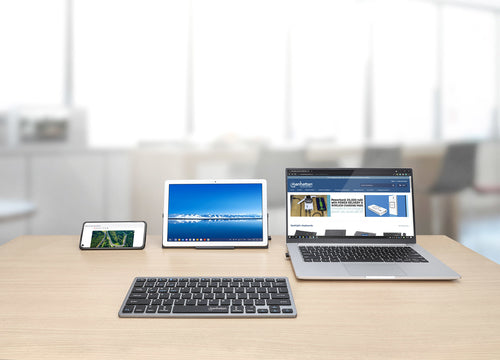 Manhattan Ultra Slim Dual-Mode Wireless Keyboard, German Quertz layout, Bluetooth (v3.0) and Wireless (2.4GHz), 78 low profile scissor keys, Auto Power Management, Range 10m, USB-A Micro Receiver, AAA Battery (included), Windows and Mac, Three Year