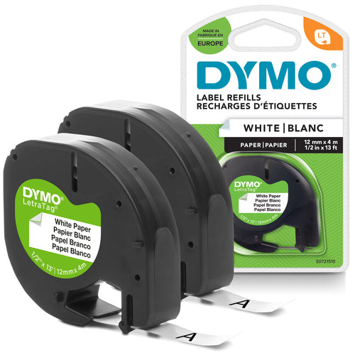 DYMO LetraTag Paper Labels | Authentic | 12 mm x 4 m Roll | Black Print on White Labels | Self-Adhesive Multipurpose Labels for LetraTag Label Makers | 2 Count