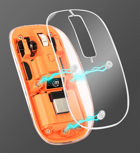 Manhattan Transparent Rechargeable Wireless Mouse, Clear/Orange, Adjustable 800/1200/1600dpi, With RGB LED light, 2.4Ghz (effective range up to 10m), USB, Optical, Ambidextrous, Four Button with Scroll Wheel, Slim Design, USB-A micro receiver, Lithium