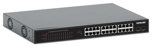 Intellinet 24-Port Gigabit Ethernet PoE+ Switch with 2 SFP Ports IEEE 802.3at/af (PoE+/PoE) Compliant, PoE Power Budget of 370 W, Two 1G SFP Open Slots, 19" Rackmount