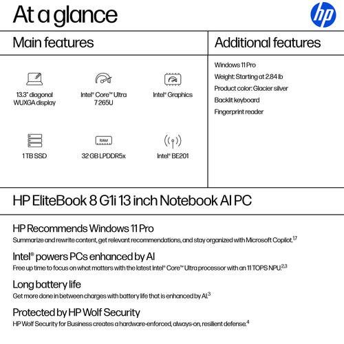 HP EliteBook 8 G1i AI PC Intel Core Ultra 7 265U Laptop 33.8 cm (13.3") WUXGA 32 GB LPDDR5x-SDRAM 1 TB SSD Wi-Fi 7 (802.11be) Windows 11 Pro Silver