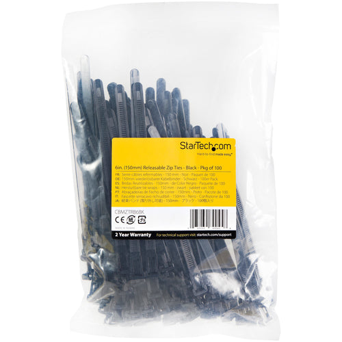 StarTech.com 6"(15cm) Reusable Cable Ties - 1/4"(7mm) wide, 1-3/8"(35mm) Bundle Dia. 50lb(22kg) Tensile Strength, Releasable Nylon Ties, Indoor/Outdoor, 94V-2/UL Listed, 100 Pack - Black