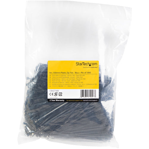 StarTech.com 4"(10cm) Cable Ties - 1/16"(2mm) wide, 7/8"(22mm) Bundle Diameter, 18lb(8kg) Tensile Strength, Nylon Self Locking Zip Ties with Curved Tip - 94V-2/UL Listed, 1000 Pack - Black