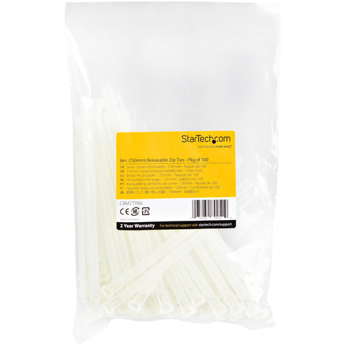 StarTech.com 6"(15cm) Reusable Cable Ties - 1/4"(7mm) wide, 1-3/8"(35mm) Bundle Dia. 50lb(22kg) Tensile Strength, Releasable Nylon Ties, Indoor/Outdoor, 94V-2/UL Listed, 100 Pack - White