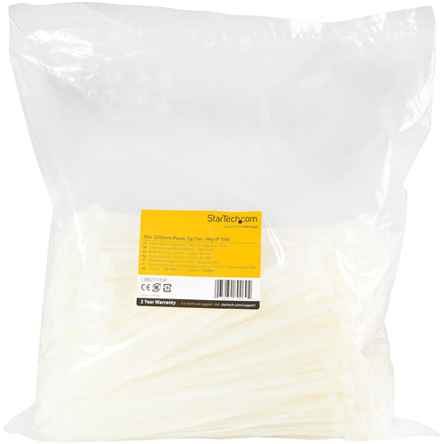 StarTech.com 10"(25cm) Cable Ties - 1/8"(4mm) wide, 2-5/8"(68mm) Bundle Diameter, 50lb(22kg) Tensile Strength, Nylon Self Locking Zip Ties w/Curved Tip, 94V-2/UL Listed, 1000 Pack - White