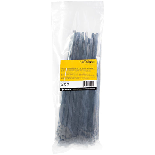 StarTech.com 10"(25cm) Reusable Cable Ties - 1/4"(7mm) wide, 2-1/2"(65mm) Bundle Dia. 50lb(22kg) Tensile Strength, Releasable Nylon Ties, Indoor/Outdoor, 94V-2/UL Listed, 100 Pack - Black