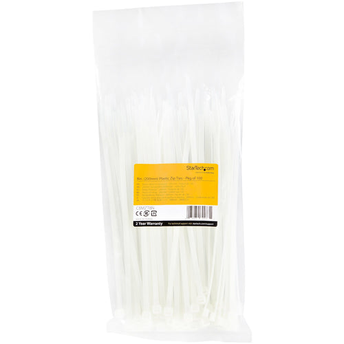 StarTech.com 8"(20cm) Cable Ties - 1/8"(4mm) wide, 2-1/8"(55mm) Bundle Diameter, 50lb(22kg) Tensile Strength, Nylon Self Locking Zip Ties with Curved Tip - 94V-2/UL Listed, 100 Pack - White