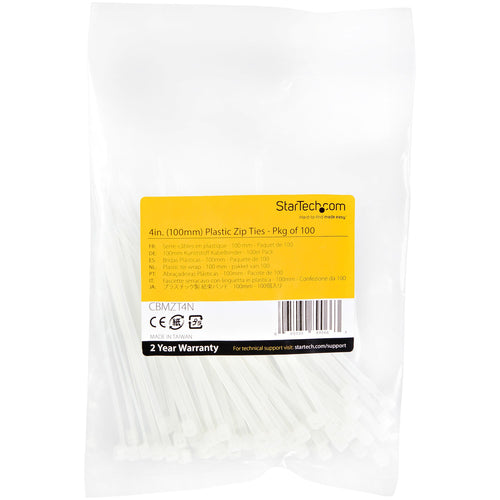 StarTech.com 4"(10cm) Cable Ties - 1/16"(2mm) wide, 7/8"(22mm) Bundle Diameter, 18lb(8kg) Tensile Strength, Nylon Self Locking Zip Ties with Curved Tip - 94V-2/UL Listed, 100 Pack - White