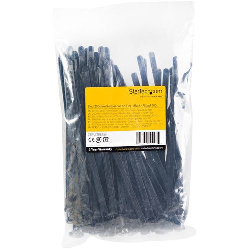 StarTech.com 8"(20cm) Reusable Cable Ties - 1/4"(7mm) wide, 1-7/8"(50mm) Bundle Dia. 50lb(22kg) Tensile Strength, Releasable Nylon Ties, Indoor/Outdoor, 94V-2/UL Listed, 100 Pack - Black