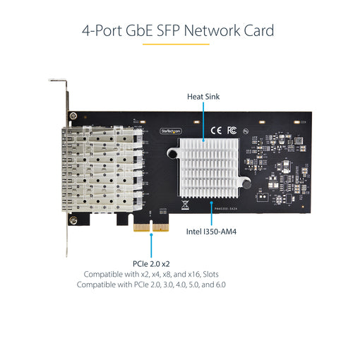 StarTech.com 4-Port GbE SFP Network Card, PCIe 2.0 x2 (x4, x8, x16 Compatible), Intel I350-AM4 4x 1GbE Controller, 1000BASE Copper/Fiber Optic, Desktop/Server Quad-Port Gigabit Ethernet NIC - Windows & Linux