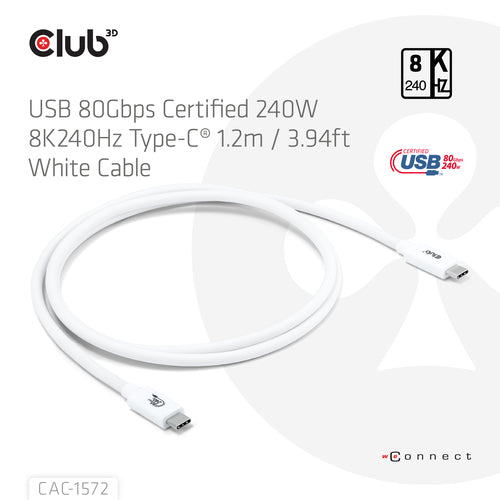 CLUB3D USB 80Gbps Certified 240W 8K240Hz Type-C® 1.2m / 3.94ft Black Cable