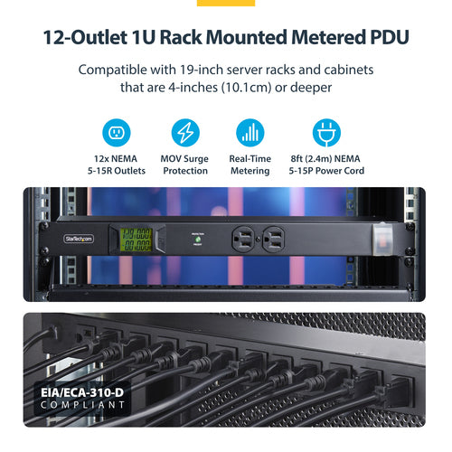 StarTech.com 12-Outlet Horizontal Rack Mount Metered PDU, 1U Server Power Strip w/Surge Protector, 125V/15A, 8ft (2.4m) Power Cable, Power Distribution Unit, TAA