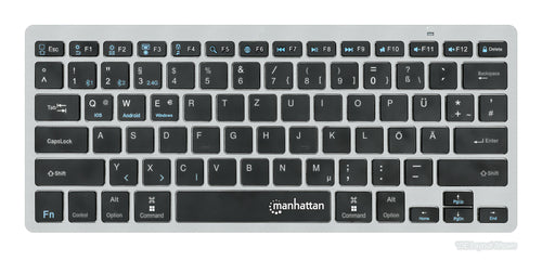 Manhattan Ultra Slim Dual-Mode Wireless Keyboard, German Quertz layout, Bluetooth (v3.0) and Wireless (2.4GHz), 78 low profile scissor keys, Auto Power Management, Range 10m, USB-A Micro Receiver, AAA Battery (included), Windows and Mac, Three Year