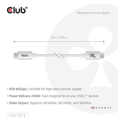 CLUB3D USB 80Gbps Certified 240W 8K240Hz Type-C® 1.2m / 3.94ft Black Cable