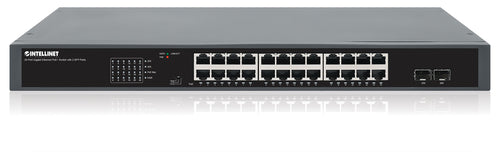 Intellinet 24-Port Gigabit Ethernet PoE+ Switch with 2 SFP Ports IEEE 802.3at/af (PoE+/PoE) Compliant, 370 W PoE Power Budget, Two 1G SFP Open Slots, Self-Healing Network, 19" Rackmount