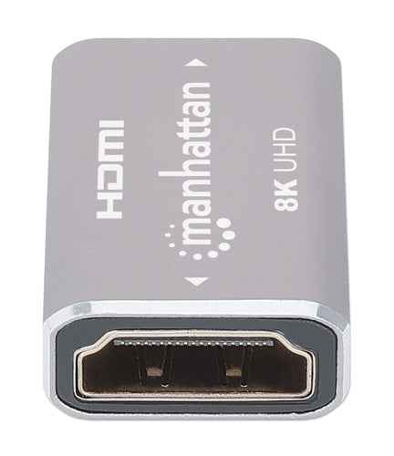 Manhattan HDMI Coupler, 8K@60Hz (Ultra High Speed), Female to Female, Straight Connection, Silver, 4K@120Hz, Connect HDMI cables up to 5m on each side, Works with all HDMI devices, Lifetime Warranty