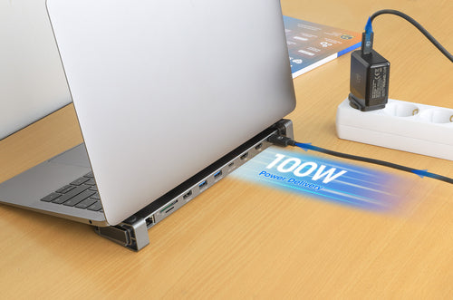 Manhattan USB-C Dock/Hub with Card Reader and MST, Ports (x7): Ethernet, HDMI (x2 4k@60Hz), USB-A (x3) and USB-C, with Power Delivery (PD) 100W- requires external USB-C charger (not included). USB powered (no external power supply required) when PD is