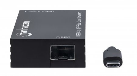 Manhattan USB-C to SFP Fibre Optic Converter, 5 Gbps (USB 3.2 Gen1 aka USB 3.0), Gigabit (1000 Mbps) Ethernet Optical Network Connection, Open SFP Slot, Equivalent to US1GC30SFP, SuperSpeed USB, Fiber, Black, Three Year Warranty