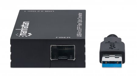Manhattan USB-A to SFP Fibre Optic Converter, 5 Gbps (USB 3.2 Gen1 aka USB 3.0), Gigabit (1000 Mbps) Ethernet Optical Network Connection, Open SFP Slot, Equivalent to US1GA30SFP, SuperSpeed USB, Fiber, Black, Three Year Warranty