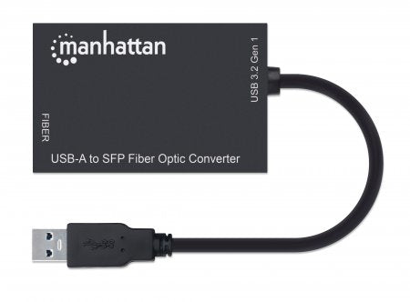 Manhattan USB-A to SFP Fibre Optic Converter, 5 Gbps (USB 3.2 Gen1 aka USB 3.0), Gigabit (1000 Mbps) Ethernet Optical Network Connection, Open SFP Slot, Equivalent to US1GA30SFP, SuperSpeed USB, Fiber, Black, Three Year Warranty
