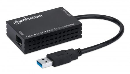 Manhattan USB-A to SFP Fibre Optic Converter, 5 Gbps (USB 3.2 Gen1 aka USB 3.0), Gigabit (1000 Mbps) Ethernet Optical Network Connection, Open SFP Slot, Equivalent to US1GA30SFP, SuperSpeed USB, Fiber, Black, Three Year Warranty