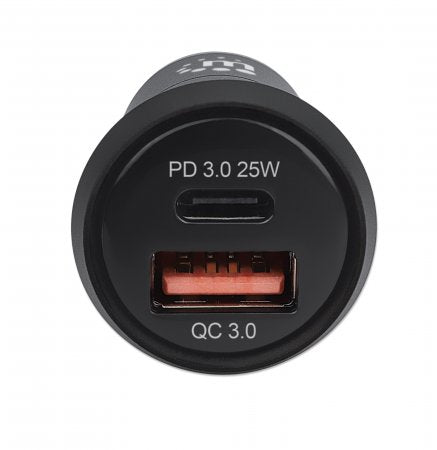 Manhattan Car/Auto Mobile Device Charger, USB-C & USB-A Outputs, USB-C Power Delivery up to 25W, USB-A Charging up to 18W (QC 3.0), Simultaneous Charging, Overload/Overcurrent/Overheat Protection, Black, Phone Charger, Three Year Warranty, Blister