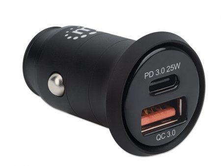 Manhattan Car/Auto Mobile Device Charger, USB-C & USB-A Outputs, USB-C Power Delivery up to 25W, USB-A Charging up to 18W (QC 3.0), Simultaneous Charging, Overload/Overcurrent/Overheat Protection, Black, Phone Charger, Three Year Warranty, Blister