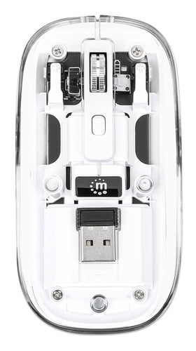 Manhattan Transparent Rechargeable Wireless Mouse, Clear/White, Adjustable 800/1200/1600dpi, With RGB LED light, 2.4Ghz (effective range up to 10m), USB, Optical, Ambidextrous, Four Button with Scroll Wheel, Slim Design, USB-A micro receiver, Lithium Ion