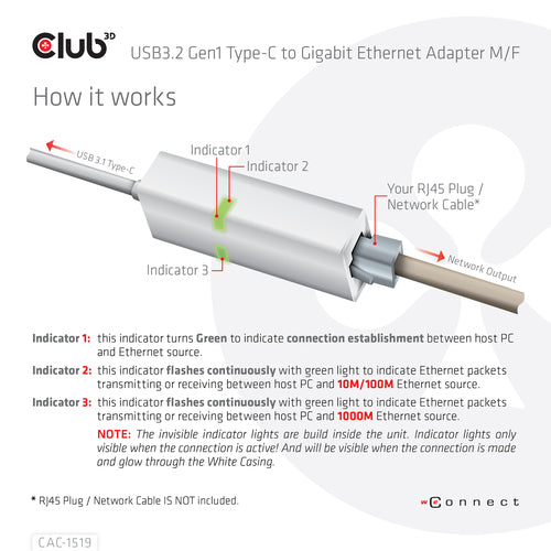 CLUB3D USB3.2 Gen1 Type-C to Gigabit Ethernet Adapter M/F