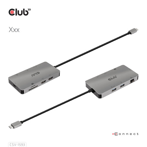 CLUB3D Type-C 8-in-1 hub with 2x HDMI, 2x USB-A, RJ45, SD/ Micro SD card slots and USB Type-C female port