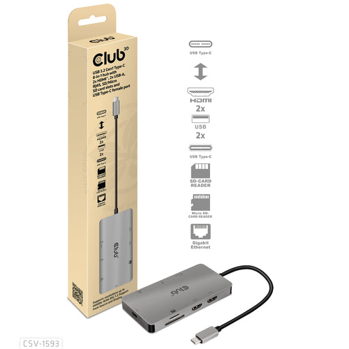 CLUB3D Type-C 8-in-1 hub with 2x HDMI, 2x USB-A, RJ45, SD/ Micro SD card slots and USB Type-C female port