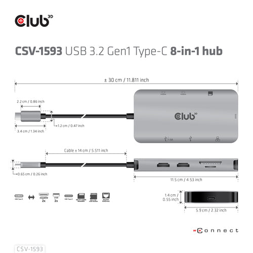 CLUB3D Type-C 8-in-1 hub with 2x HDMI, 2x USB-A, RJ45, SD/ Micro SD card slots and USB Type-C female port