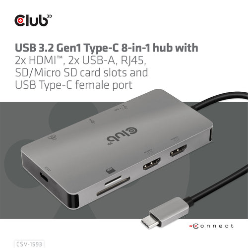 CLUB3D Type-C 8-in-1 hub with 2x HDMI, 2x USB-A, RJ45, SD/ Micro SD card slots and USB Type-C female port