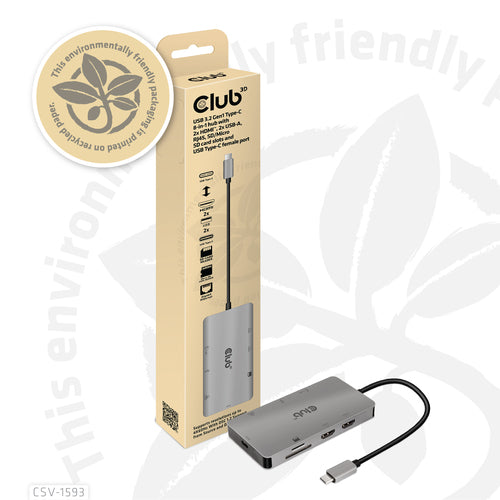 CLUB3D Type-C 8-in-1 hub with 2x HDMI, 2x USB-A, RJ45, SD/ Micro SD card slots and USB Type-C female port