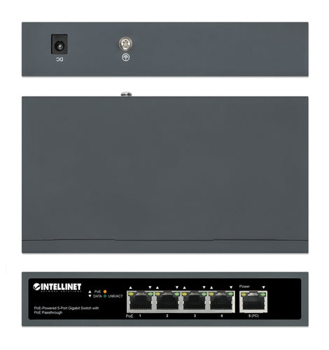 Intellinet 5-Port Gigabit Switch with PoE Passthrough, One IEEE 802.3bt (PoE++ / 4PPoE) PD PoE Port with 95 W Power Input, Four PSE PoE ports, PoE Power Budget up to 65 W, IEEE 802.3at/af Compliant Output, Desktop, Wall-mount Option