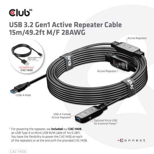 CLUB3D USB 3.2 Gen1 Active Repeater Cable 15m/ 49.2 ft M/F 28AWG