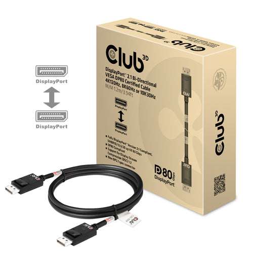 CLUB3D DisplayPort 2.1 Bi-Directional VESA DP80 Certified Cable 4K240Hz, 8K60Hz or 10K30Hz M/M 1.2m/3.94ft