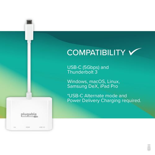 Plugable Technologies USB C to HDMI Multiport Adapter, Driverless 3-in-1 USB C Hub with 4K HDMI Output, USB 3.0 and USB-C Charging Port, Compatible with MacBook, Chromebook, Dell XPS, Thunderbolt 3 and More