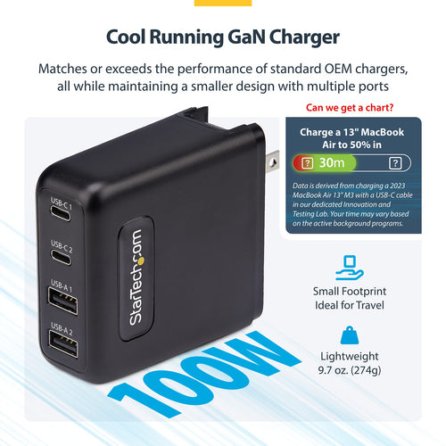StarTech.com 100W USB-C Wall Charger, 2x USB-C/2x USB-A, Quick Charging Portable GaN Charger Power Adapter, USB Power Delivery 3.0