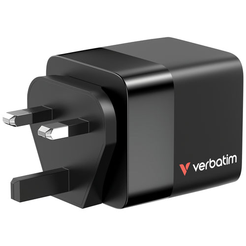 Verbatim GaN Charger 65W 2 Port retractable cable display US plugs with EU and UK adaptors