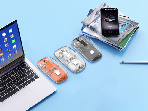 Manhattan Transparent Rechargeable Wireless Mouse, Clear/Black, Adjustable 800/1200/1600dpi, With RGB LED light, 2.4Ghz (effective range up to 10m), USB, Optical, Ambidextrous, Four Button with Scroll Wheel, Slim Design, USB-A micro receiver, Lithium Ion