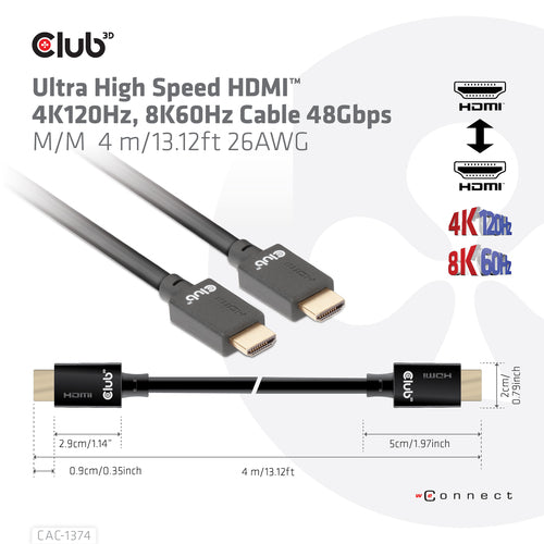 CLUB3D Ultra High Speed HDMI™ 4K120Hz, 8K60Hz Cable 48Gbps M/M 4 m/13.12ft 26AWG