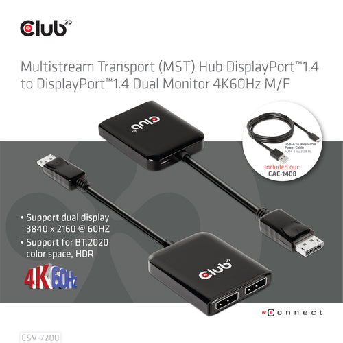 CLUB3D Multistream Transport (MST) Hub DisplayPort™1.4 to DisplayPort™1.4 Dual Monitor 4K60Hz M/F