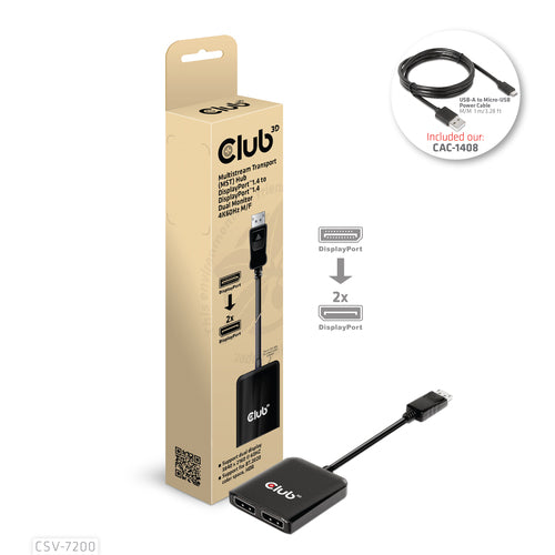 CLUB3D Multistream Transport (MST) Hub DisplayPort™1.4 to DisplayPort™1.4 Dual Monitor 4K60Hz M/F