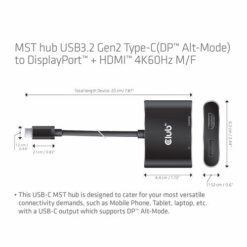 CLUB3D MST hub USB3.2 Gen2 Type-C(DP Alt-Mode) to DisplayPort + HDMI 4K60Hz M/F