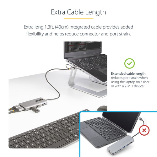 StarTech.com USB-C Multiport Adapter w/Attached USB-C to USB-A Dongle, Dual HDMI (4K30Hz/1080p60Hz), 3x USB-A 5Gbps, Mini Travel Dock, Laptop Docking Station, 1.3ft/40cm Cable