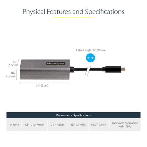 StarTech.com USB C to Mini DisplayPort Adapter - 4K 60Hz USB-C to mDP Adapter Dongle - USB Type-C to Mini DP Monitor - Video Converter - Works w/Thunderbolt 3-12" Long Attached Cable - Upgraded Version of CDP2MDP