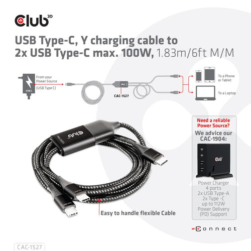 CLUB3D USB Type-C, Y charging cable to 2x USB Type-C max. 100W, 1.83m/6ft M/M